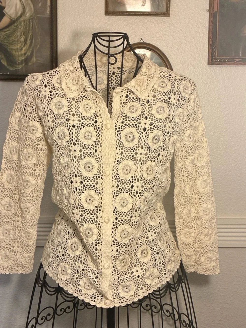 Cream Crocheted Button-Up Floral Lace Blouse